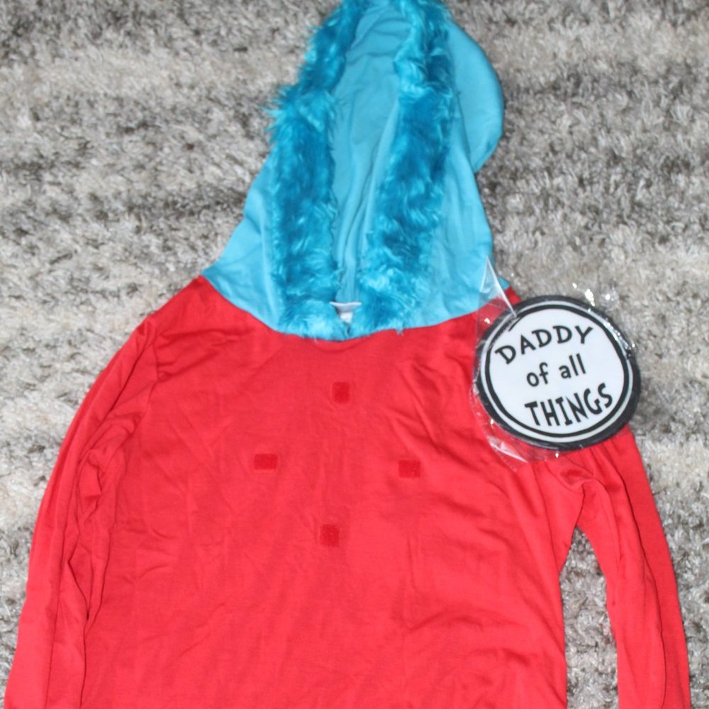 Dr Seuss Cat in the Hat Daddy of All Things Costume Shirt W/ Fuzzy Blue Hood NEW